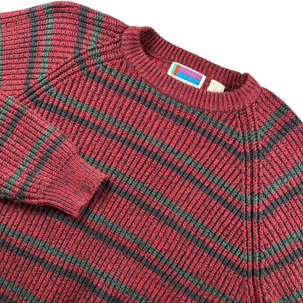 VTG Grampcore 90s Chunky Knit Sweater Mens M Burgundy Striped Indie Cozcore
